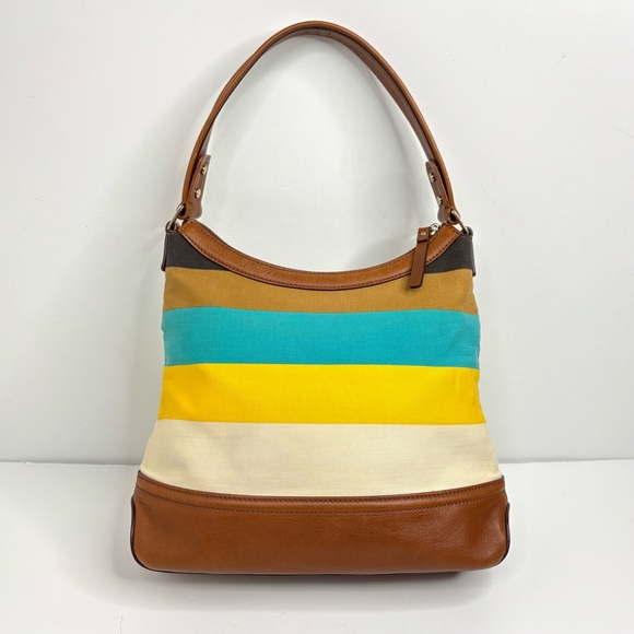 Kate Spade Retro Stripe Yellow Teal Spring Nautical Coastal Beach Hobo Handbag - Picture 2 of 16